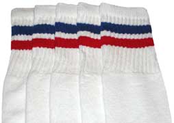 White Tube Socks with Royal Blue and Red Stripes 