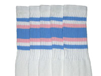 Knee High White Tube Socks with Baby Blue and Baby Pink Stripes