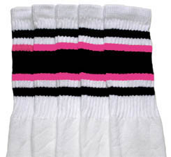 Knee High White Tube Socks with Black and Bubblegum Pink Stripes