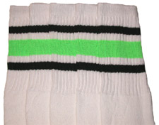 Knee High White Tube Socks with Black and Neon Green Stripes