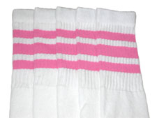 Knee High White Tube Socks with Bubblegum Pink Stripes