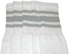 Knee High White Tube Socks with Grey Stripes 