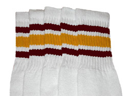 Knee High White Tube Socks with Maroon and Gold Stripes