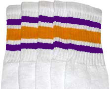 Knee High White Tube Socks with Purple and Gold Stripes