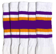 Knee High White Tube Socks with Purple and Gold Stripes