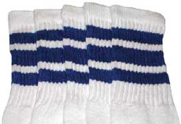 Knee High White Tube Socks with Royal Blue Stripes 