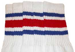 Knee High White Tube Socks with Royal Blue and Red Stripes