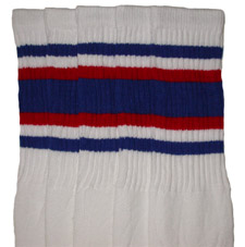 Knee High White Tube Socks with Royal Blue and Red Stripes